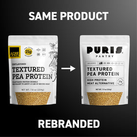 PURIS Pantry Textured Pea Protein measuring cup shows 21 g per serving.