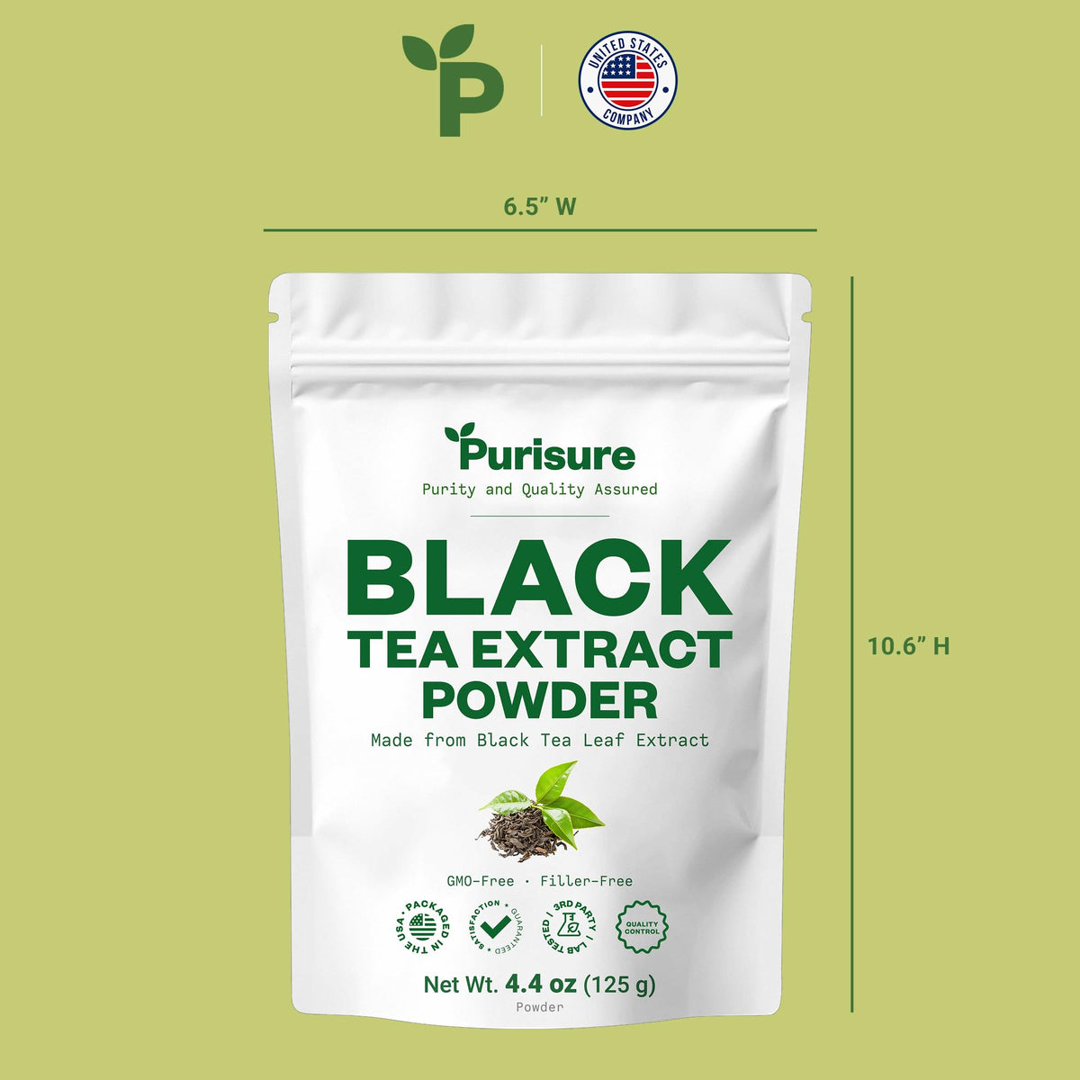 Purusure non-GMO label on clean, additive-free tea powder.