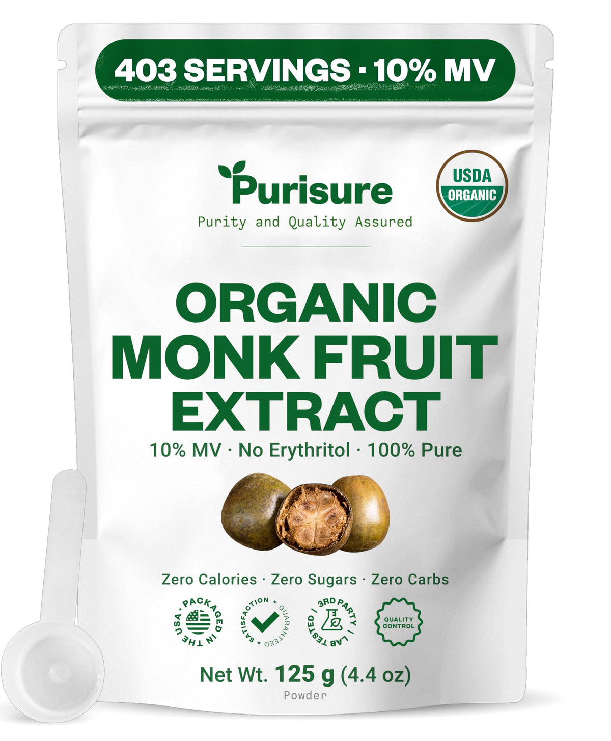 Purisure Organic Monk Fruit Extract Powder bottle showcasing zero calories and clean sweetness.