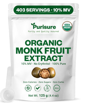 Purisure Organic Monk Fruit Extract Powder bottle showcasing zero calories and clean sweetness.