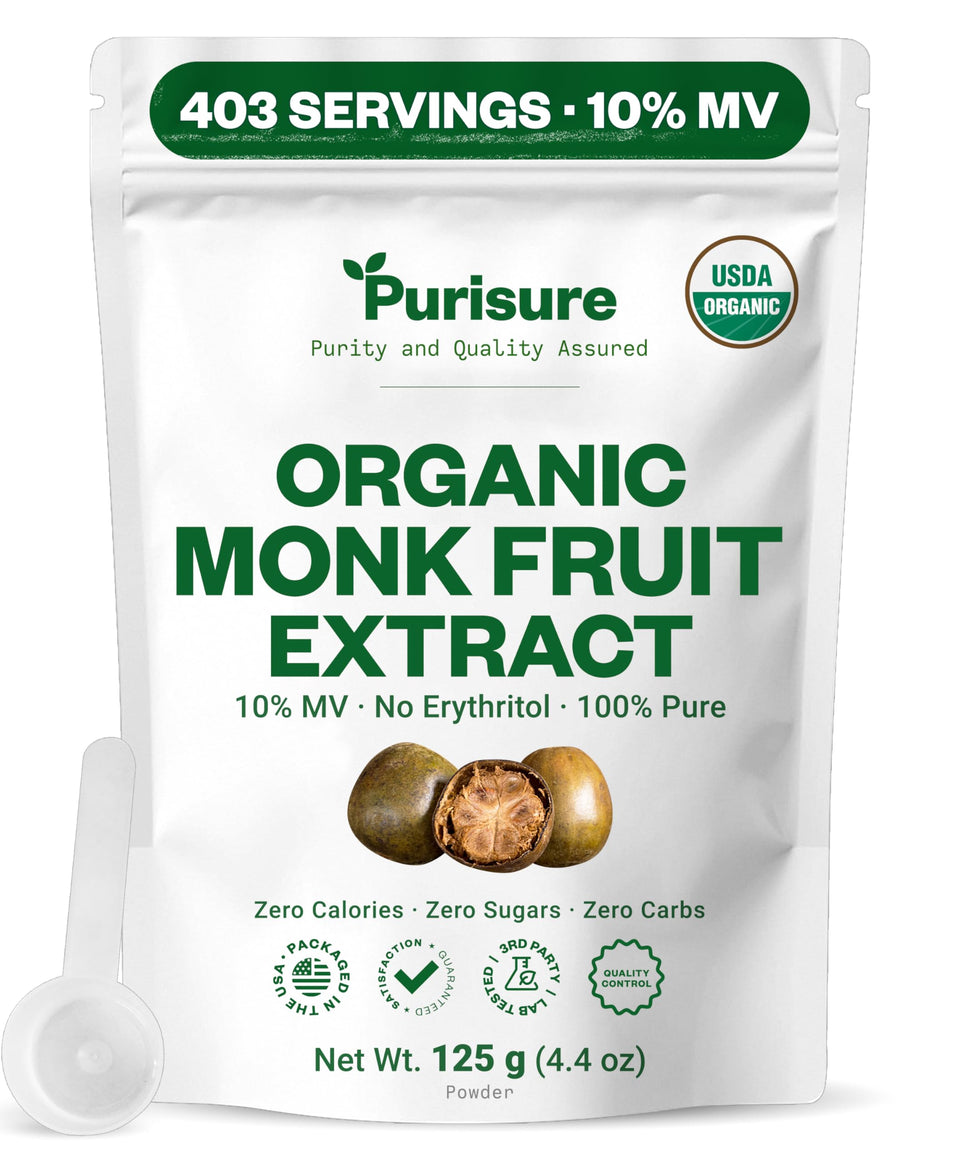 Purisure Organic Monk Fruit Extract Powder bottle showcasing zero calories and clean sweetness.
