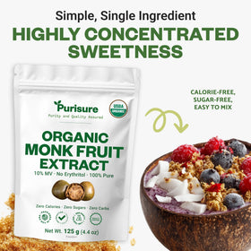 Purisure monk fruit powder ingredients label emphasizes organic, vegan, non-GMO.