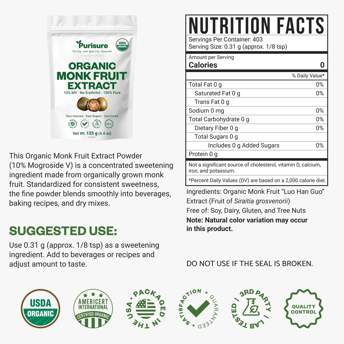 Purisure monk fruit powder tub highlighting no fillers and high concentration.