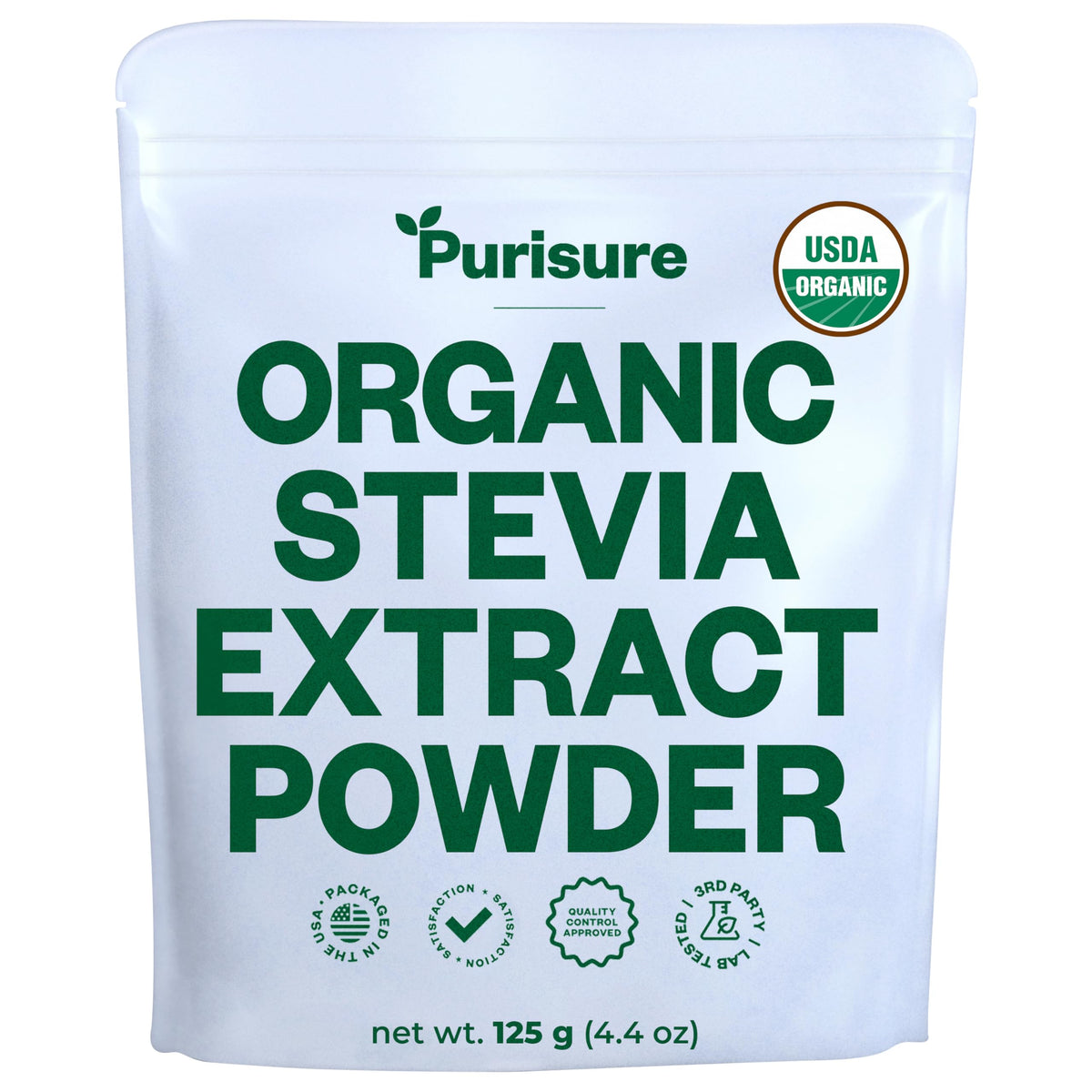 Purisure Organic Stevia Extract Powder bottle showing zero-calorie sweetness for drinks