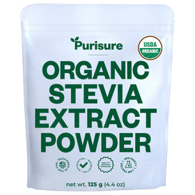 Purisure Organic Stevia Extract Powder bottle showing zero-calorie sweetness for drinks