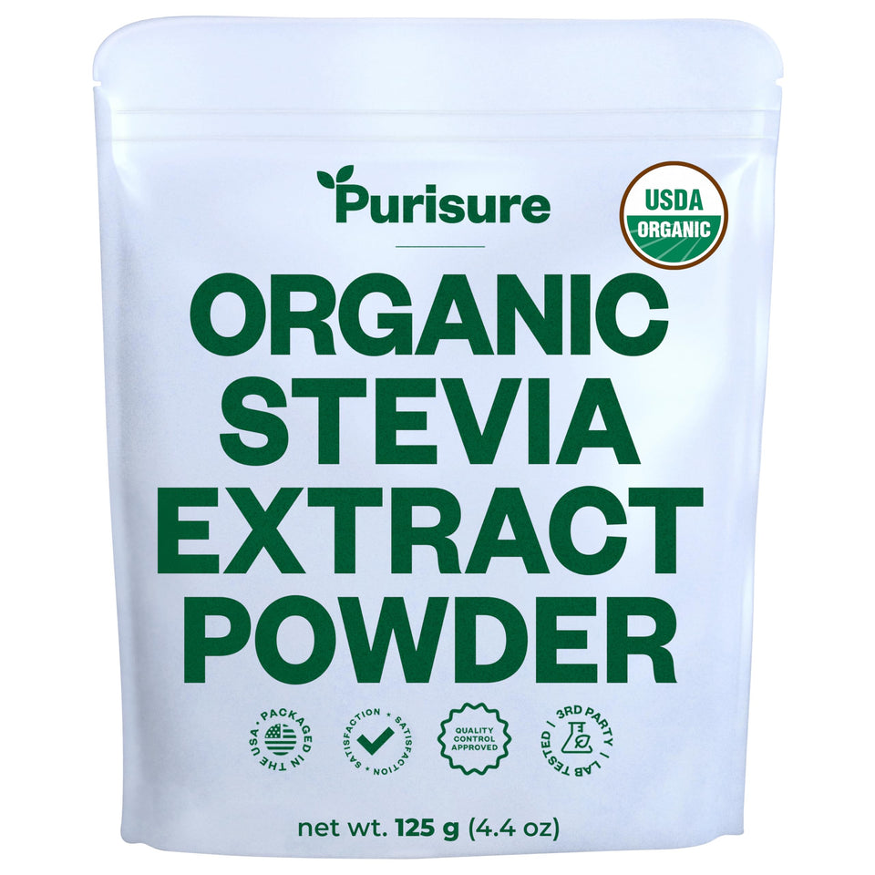 Purisure Organic Stevia Extract Powder bottle showing zero-calorie sweetness for drinks