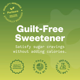 Purisure Pure Stevia Powder closeup emphasizing clean ingredients and no aftertaste