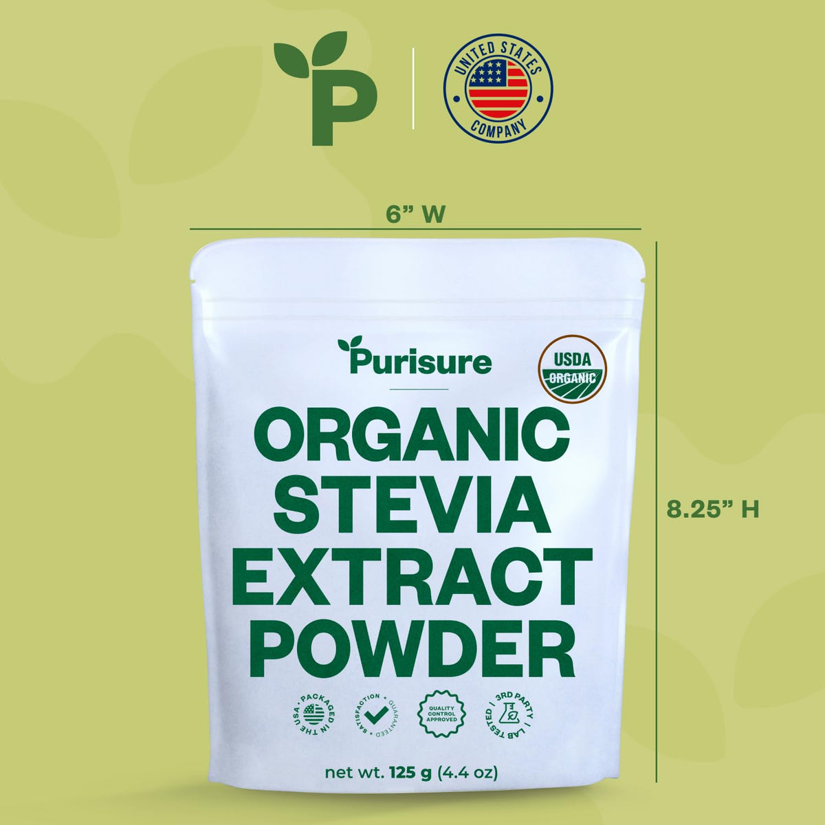 Purisure Stevia Packaging Label highlighting 100% pure leaves, non-GMO quality