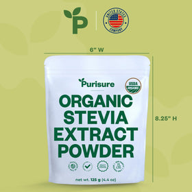Purisure Stevia Packaging Label highlighting 100% pure leaves, non-GMO quality