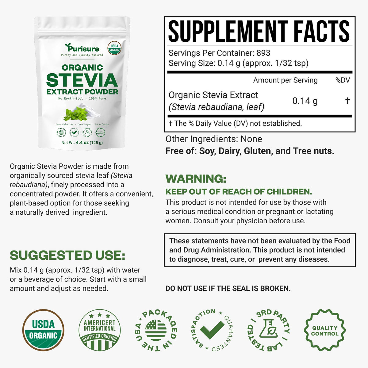Purusure Stevia Powder measuring spoon—precise sweetening for baking and coffee.