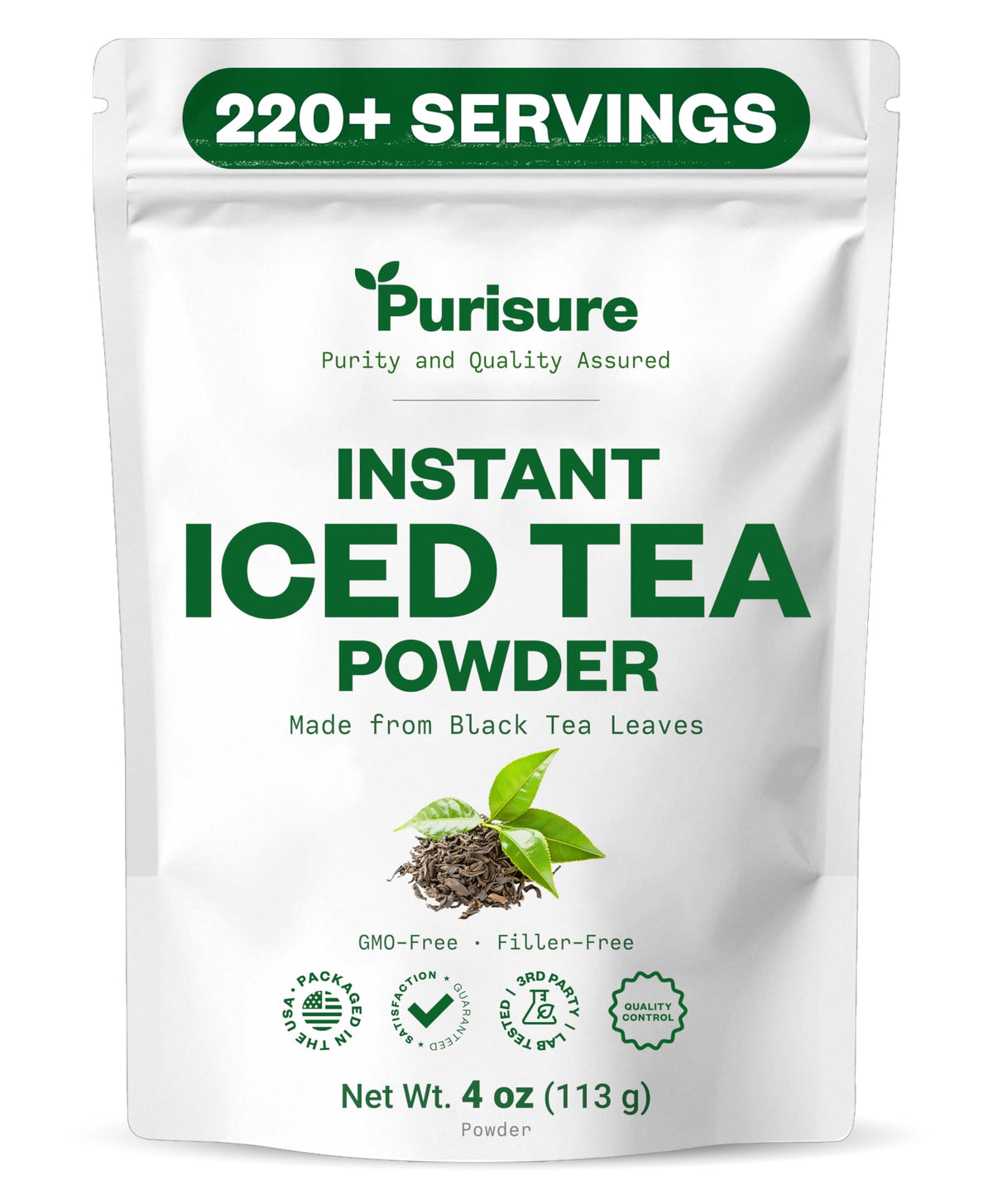 Purisure unsweetened instant black tea powder in a resealable pouch for quick, zero-calorie servings.