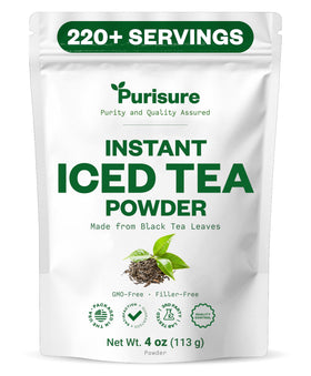 Purisure unsweetened instant black tea powder in a resealable pouch for quick, zero-calorie servings.