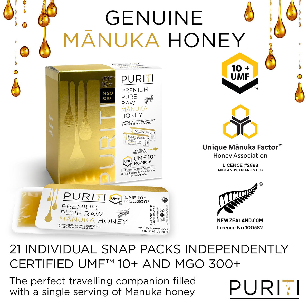 Close-up of Puriti packets highlighting premium raw Manuka honey and anti-counterfeit features
