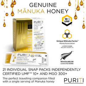 Close-up of Puriti packets highlighting premium raw Manuka honey and anti-counterfeit features