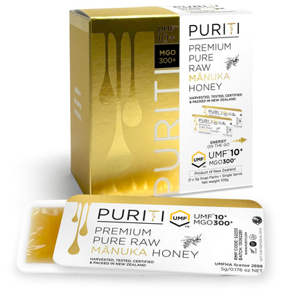 Puriti Manuka honey snaps on-the-go box shown for convenient daily use and travel