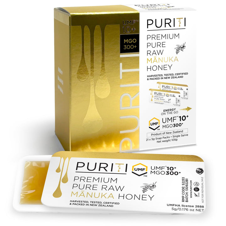 Puriti Manuka honey snaps on-the-go box shown for convenient daily use and travel
