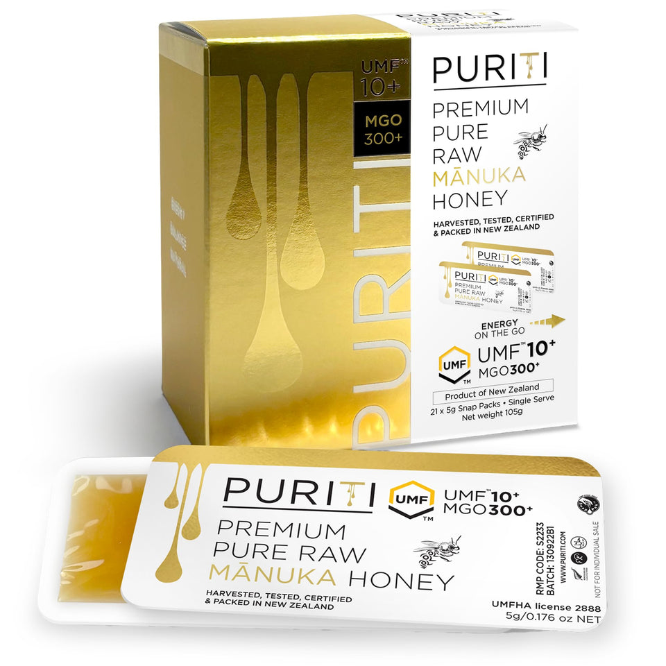 Puriti Manuka honey snaps on-the-go box shown for convenient daily use and travel