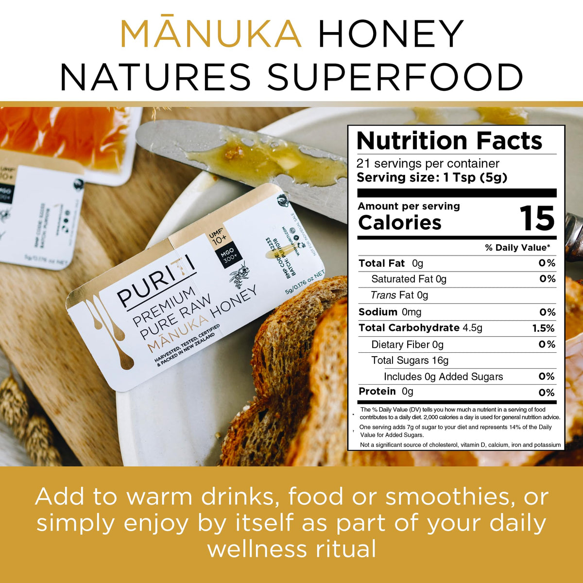 Each Puriti single-serve 5 g packet preserves freshness for home, office, or travel