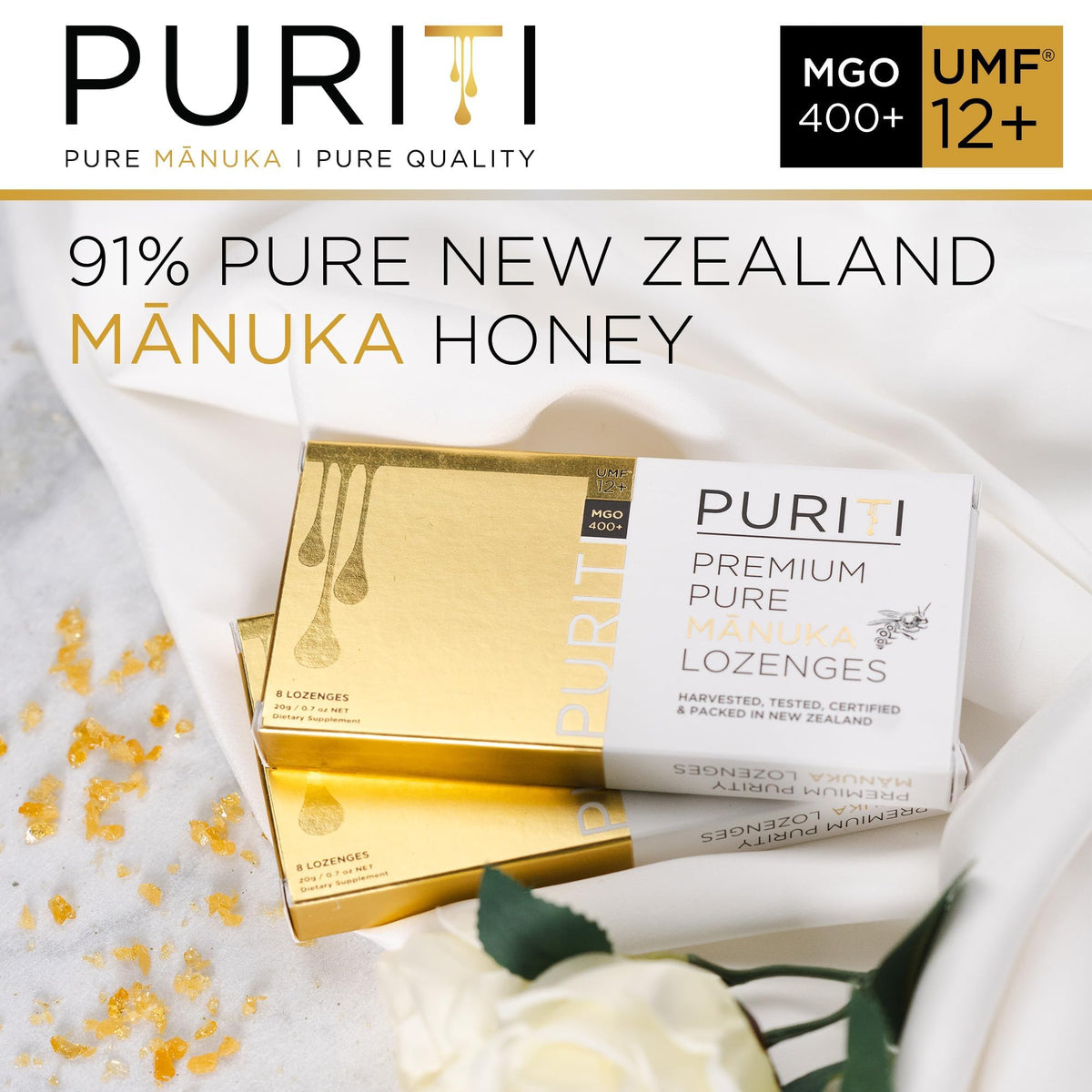 PURITI Manuka lozenges blister pack close-up ideal for on-the-go throat relief.