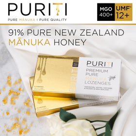 PURITI Manuka lozenges blister pack close-up ideal for on-the-go throat relief.