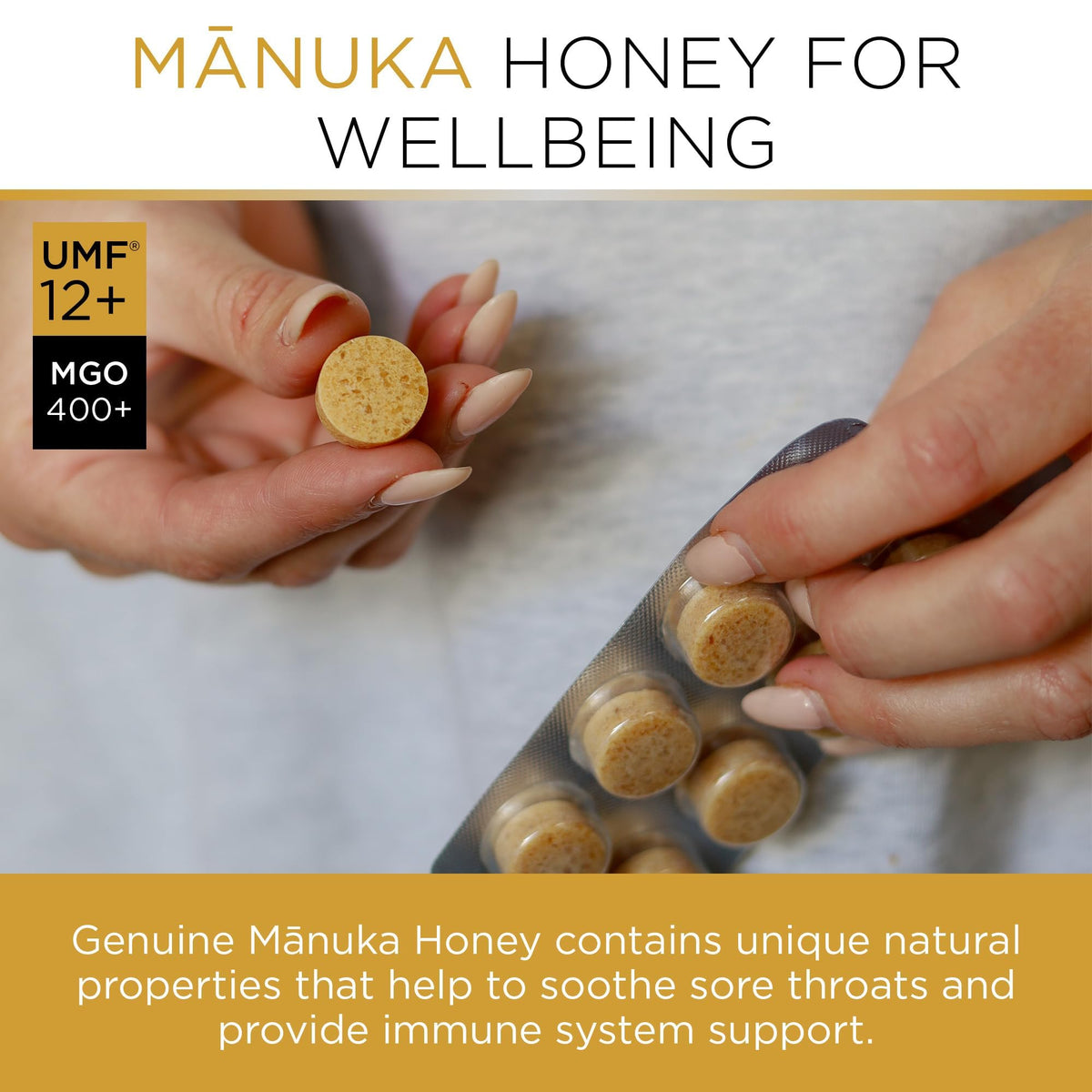 PURITI lozenges melt in the mouth with soothing Manuka honey.