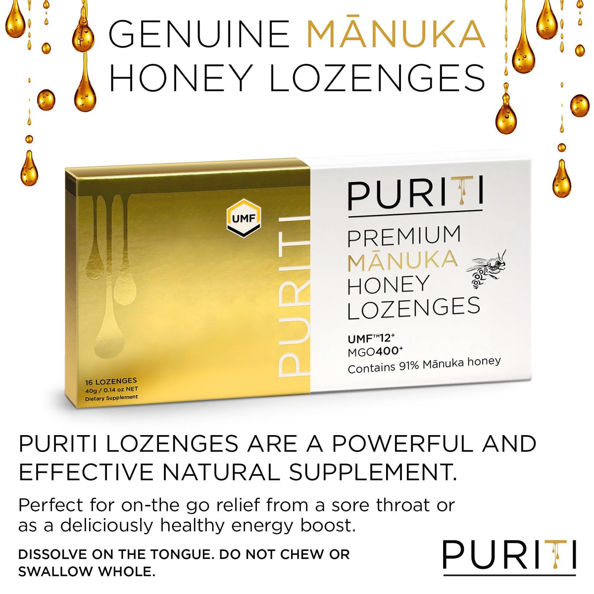 PURITI Manuka lozenges UMF-certified label signaling trusted potency.