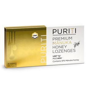 PURITI premium Manuka lozenges packaging close-up for fresh flavor and convenience.