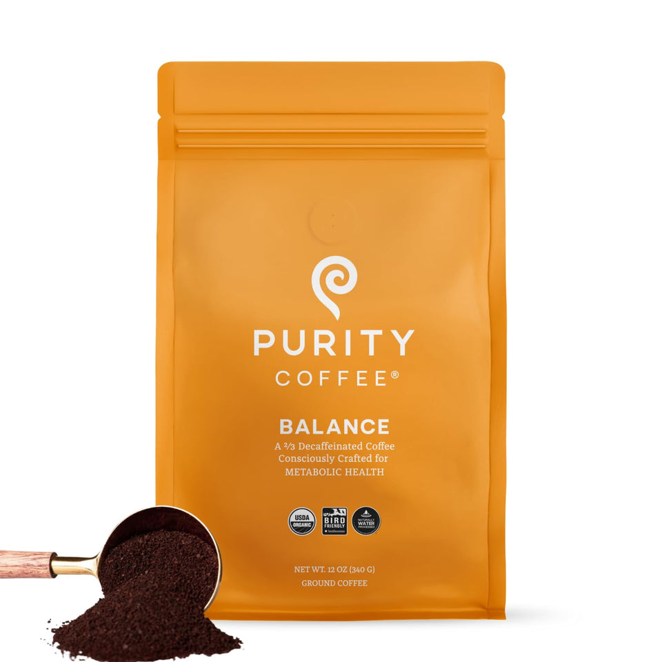 Purity Coffee BALANCE 12oz bag displaying organic Mountain Water decaf blend for flavorful coffee