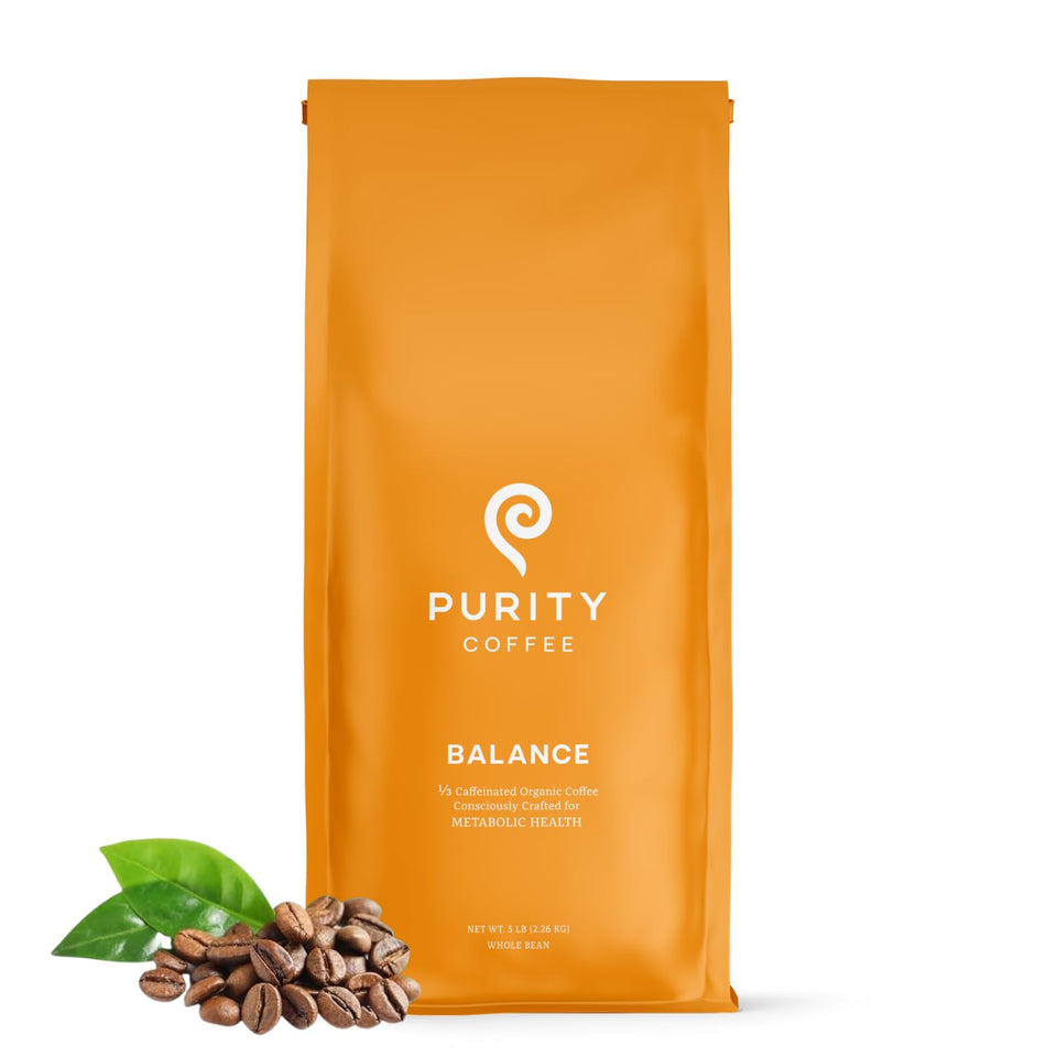 Purity Coffee Balance bag front presents premium organic beans for a smoother decaf option.