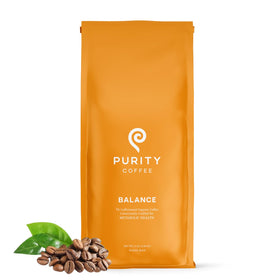 Purity Coffee Balance bag front presents premium organic beans for a smoother decaf option.