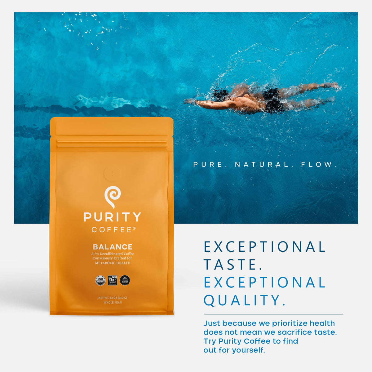 Purity Coffee BALANCE seals and labels highlight organic, sustainable farming.