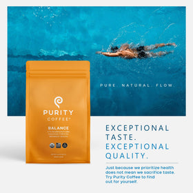 Purity Coffee BALANCE seals and labels highlight organic, sustainable farming.