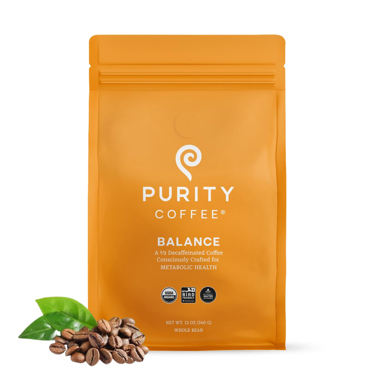 Purity Coffee BALANCE decaf bag, premium organic beans for a smooth low-caffeine ritual.