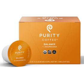 Purity Coffee BALANCE K-Pod capsules box for balanced caffeine intake.