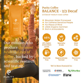 Purity Coffee Balance label emphasizes third-party testing for safety and quality.