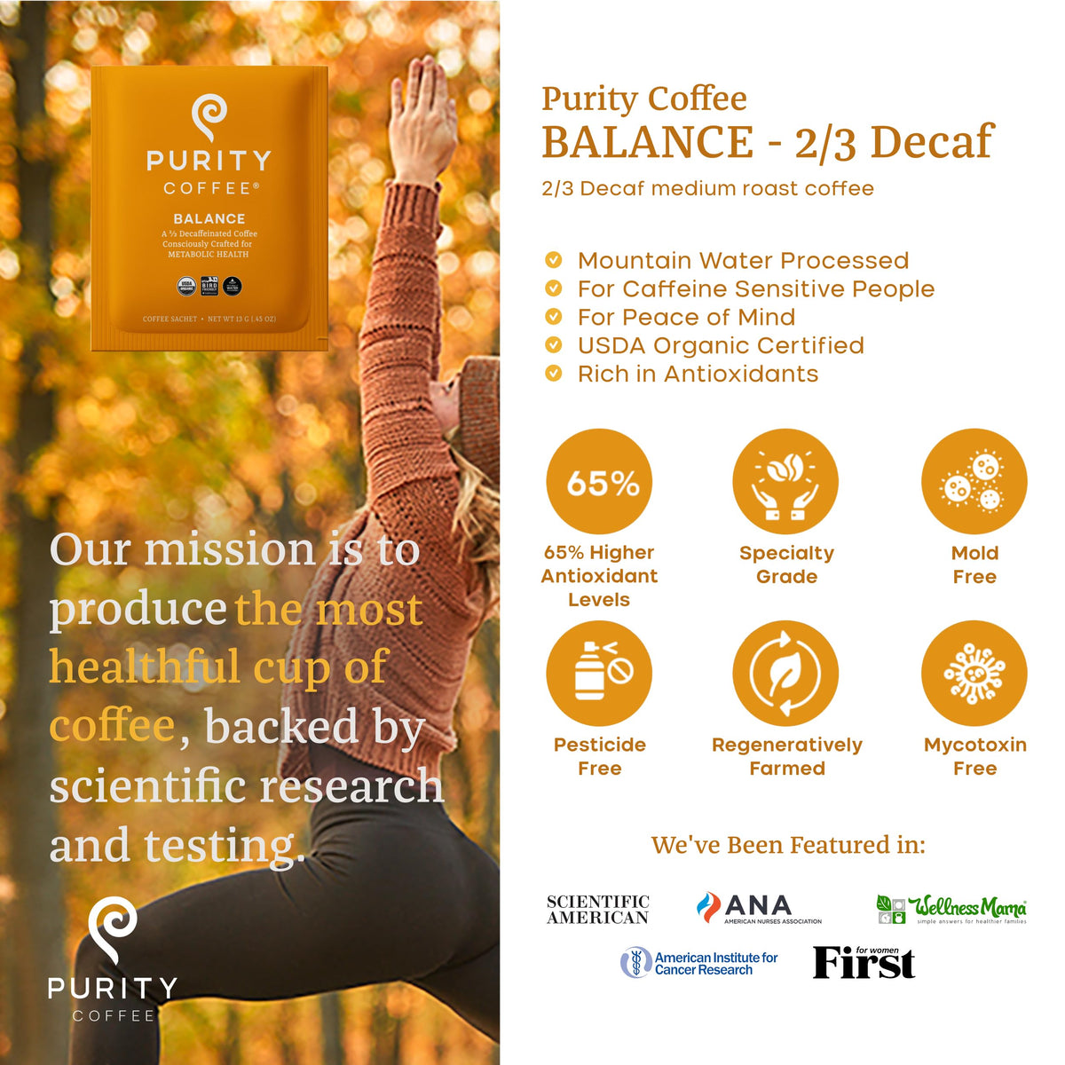 Close-up of Purity Coffee BALANCE sachet, highlighting a smooth, balanced flavor.