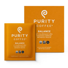 Purity Coffee BALANCE sachets packaging—convenient, low-caffeine option for steady energy.