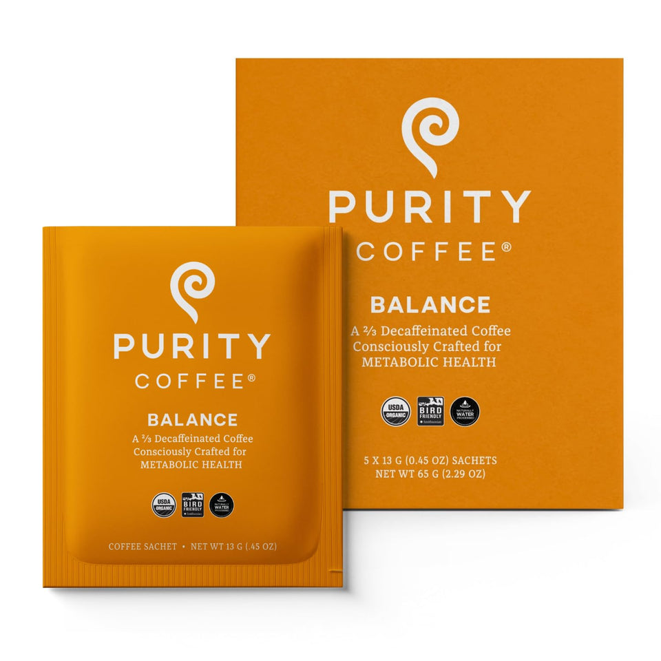 Purity Coffee BALANCE sachets packaging—convenient, low-caffeine option for steady energy.