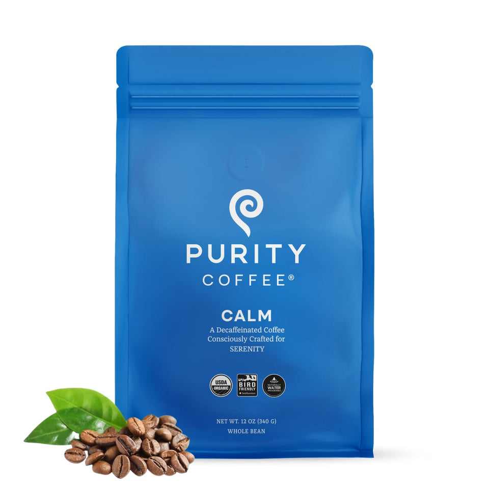 Purity Coffee CALM decaf bag showcasing organic mountain-grown beans for mindful sipping