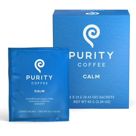 Purity Coffee CALM decaf medium roast cup with rich aroma and clean flavor.