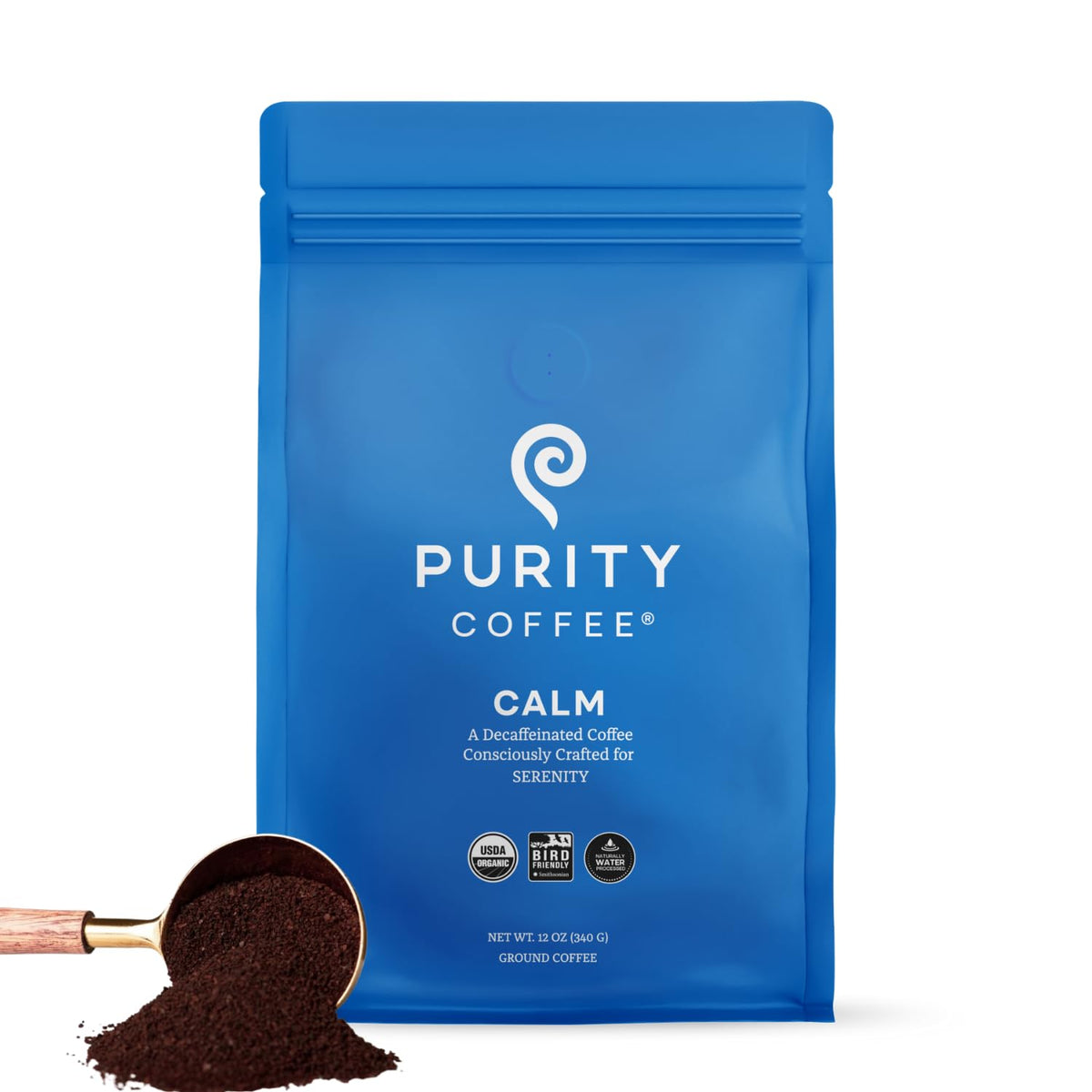 Purity Coffee CALM decaf medium roast ground bag showing product and aroma