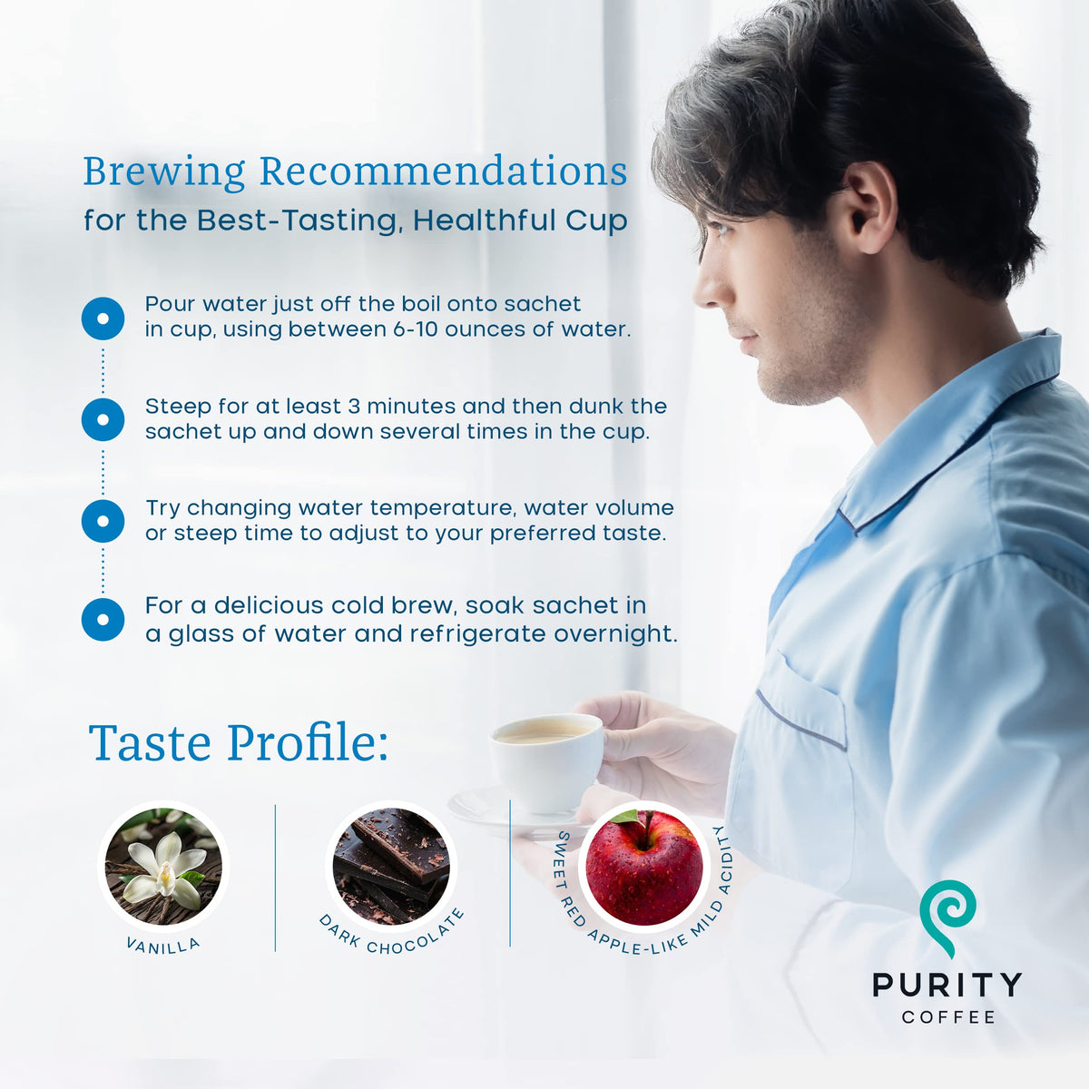 Purity Coffee CALM decaf steaming cup shows freshness preserved by nitrogen flush.