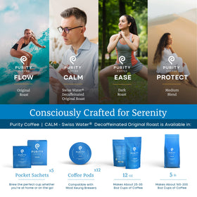 Purity Coffee CALM decaf organic certification label signals trusted testing.