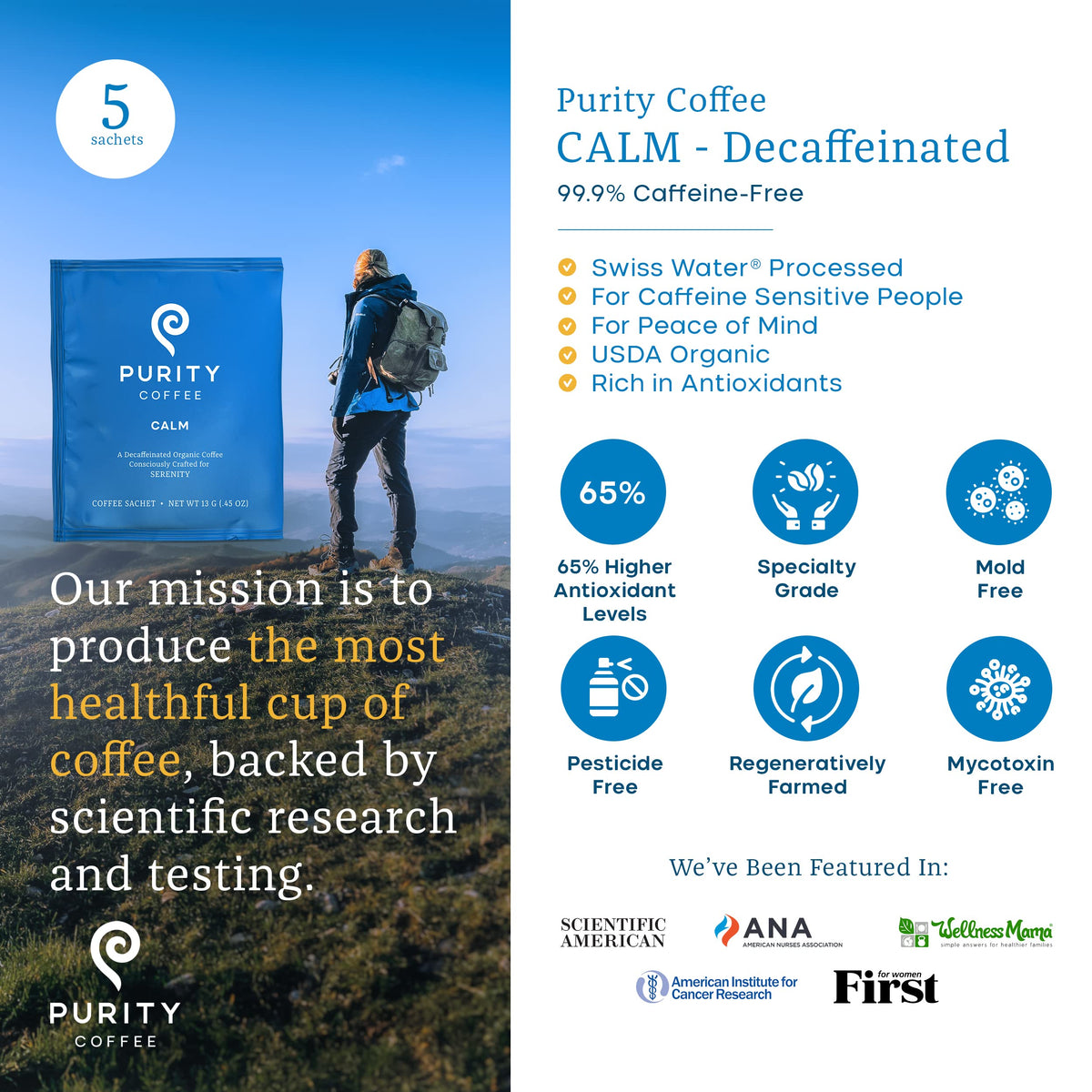 Purity Coffee CALM decaf single-serve sachet ready for quick mornings.
