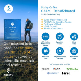 Purity Coffee CALM decaf single-serve sachet ready for quick mornings.