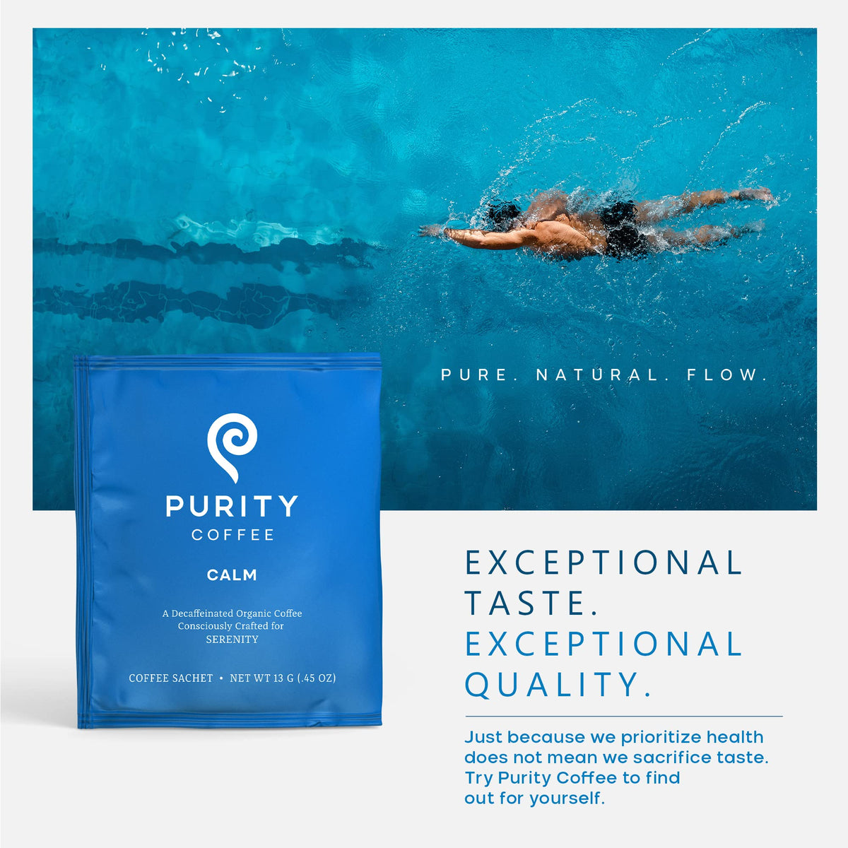 Purity Coffee CALM decaf packaging highlights sustainable materials and regenerative farming.
