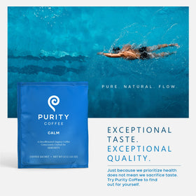 Purity Coffee CALM decaf packaging highlights sustainable materials and regenerative farming.