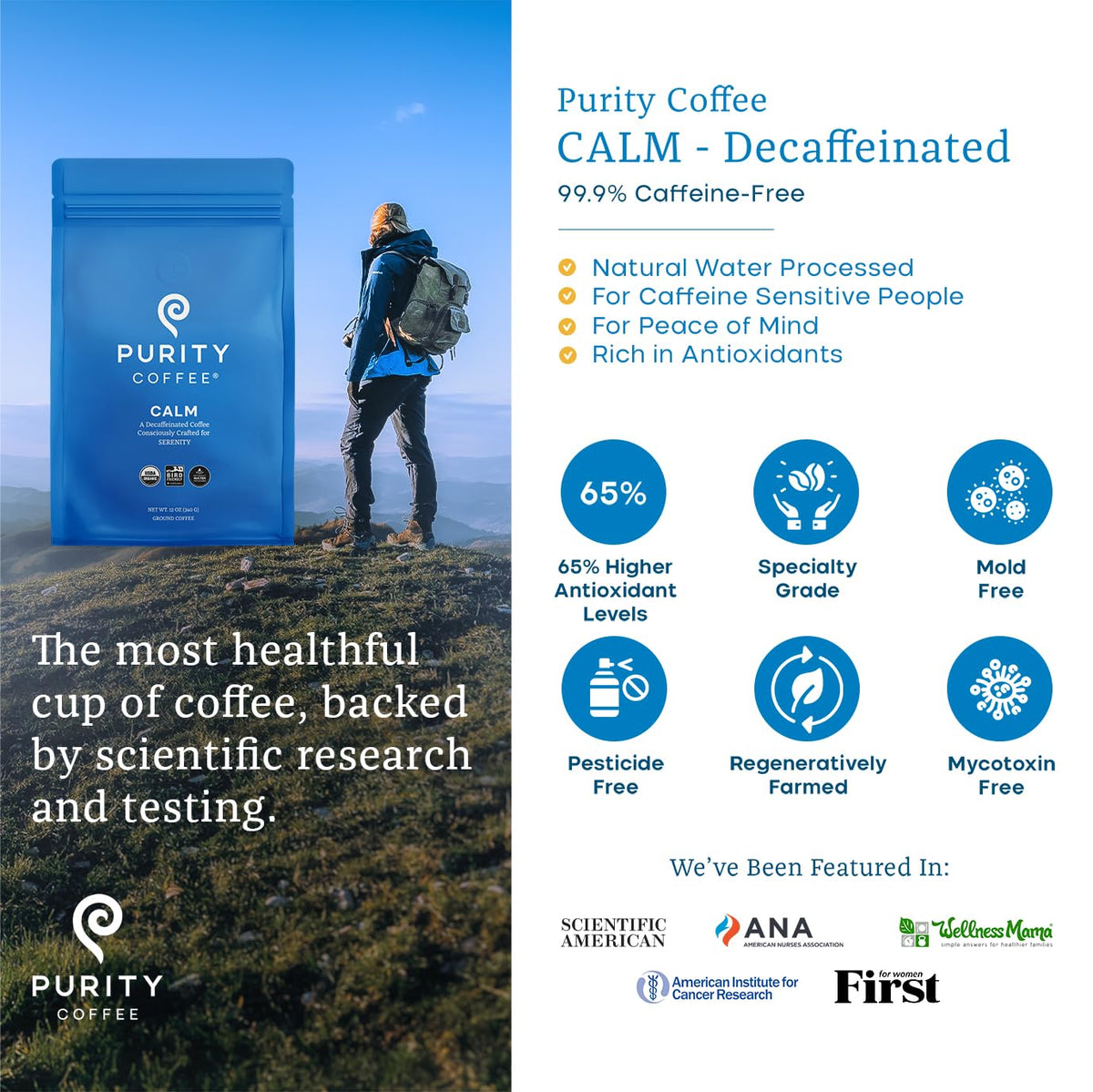 Purity Coffee CALM Mountain Water Process label highlighting chemical-free decaf method