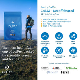 Purity Coffee CALM Mountain Water Process label highlighting chemical-free decaf method