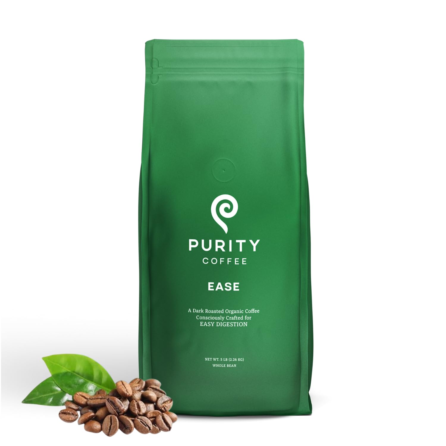 Purity Coffee EASE dark roast 5lb bag in recyclable packaging for long-term freshness.